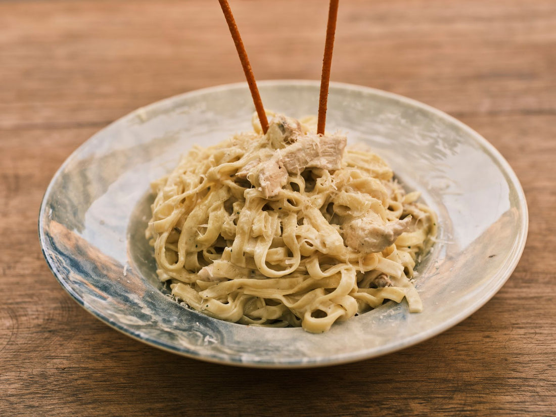 Creamy quail alfredo fettuccine pasta