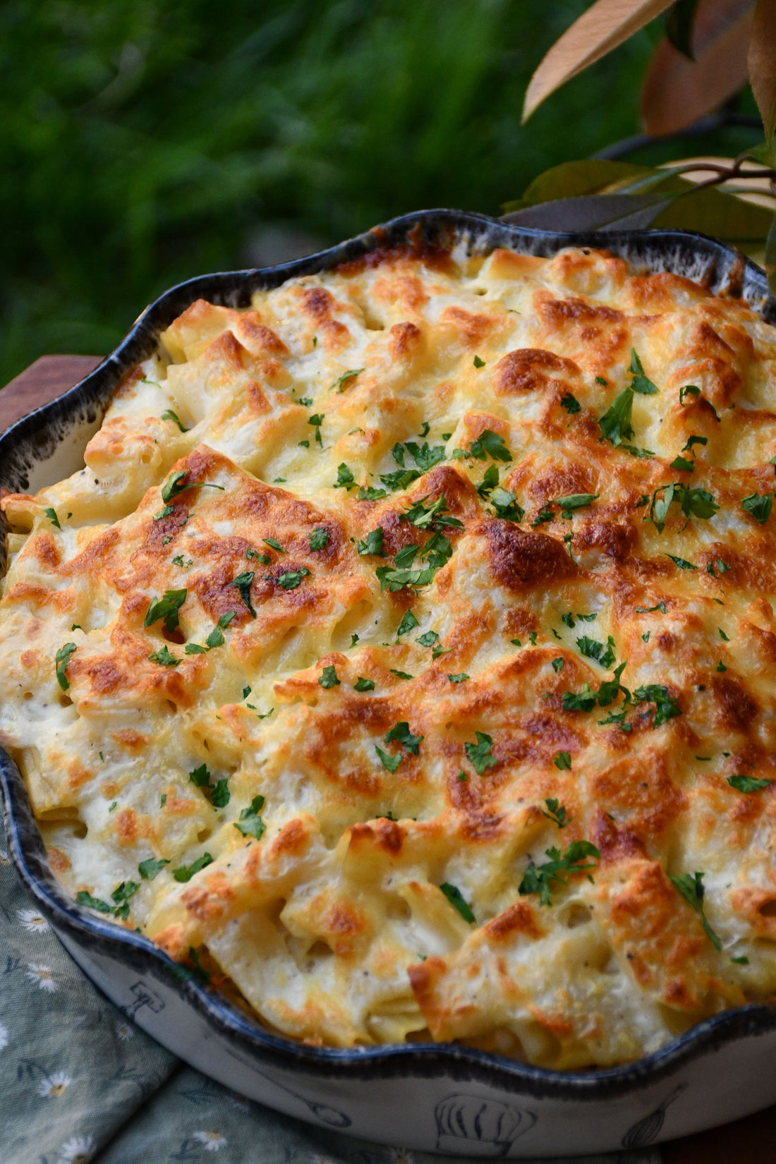 Creamy quail pasta bake with melted cheese and parsley