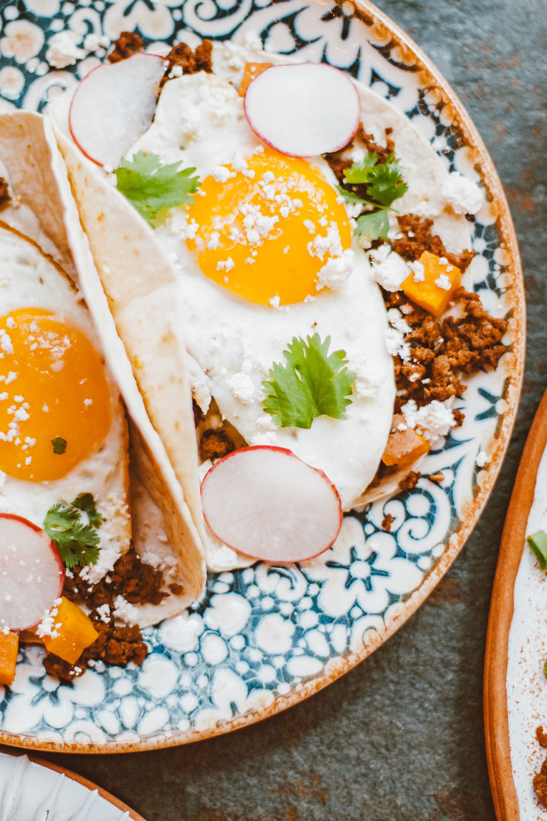Quail breakfast tacos with eggs and avocado