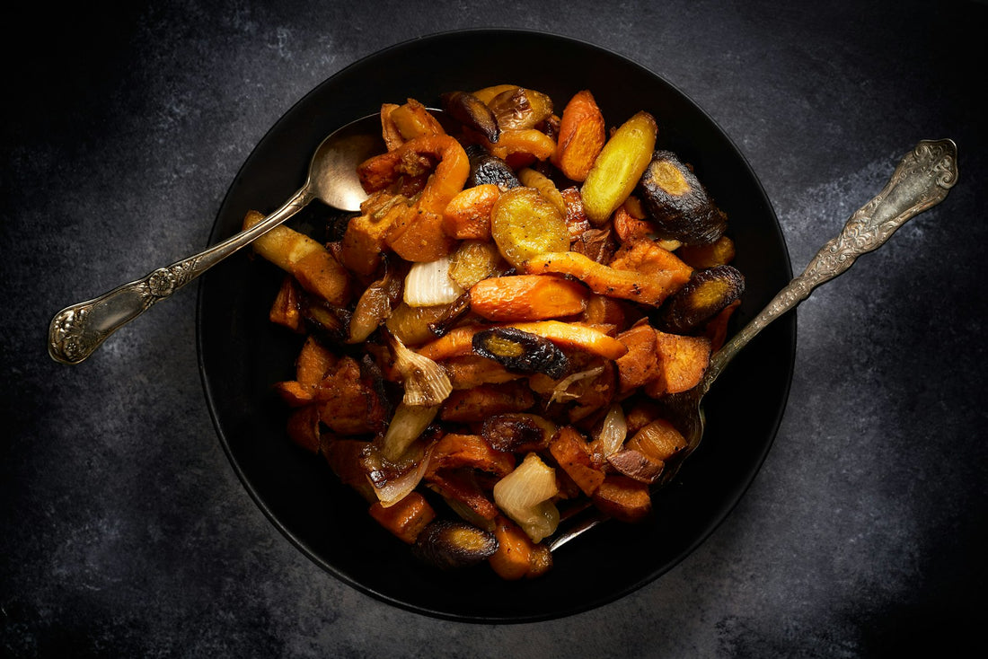 Quail and sweet potato hash in a skillet