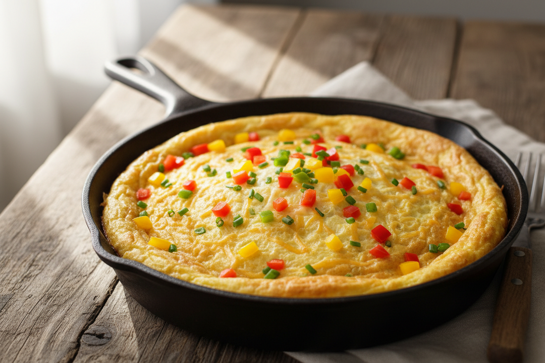 Golden quail egg frittata in a cast iron skillet with diced bell peppers and melted cheddar cheese