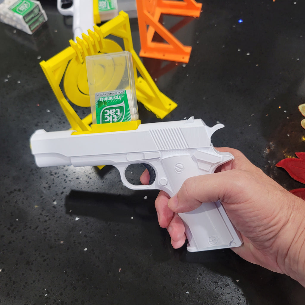 Combo Model 1911 Tic Tac Shooter w/Hanging Target | Fun | Toy | One Box of Ammo Incl | Great Stocking Stuffer