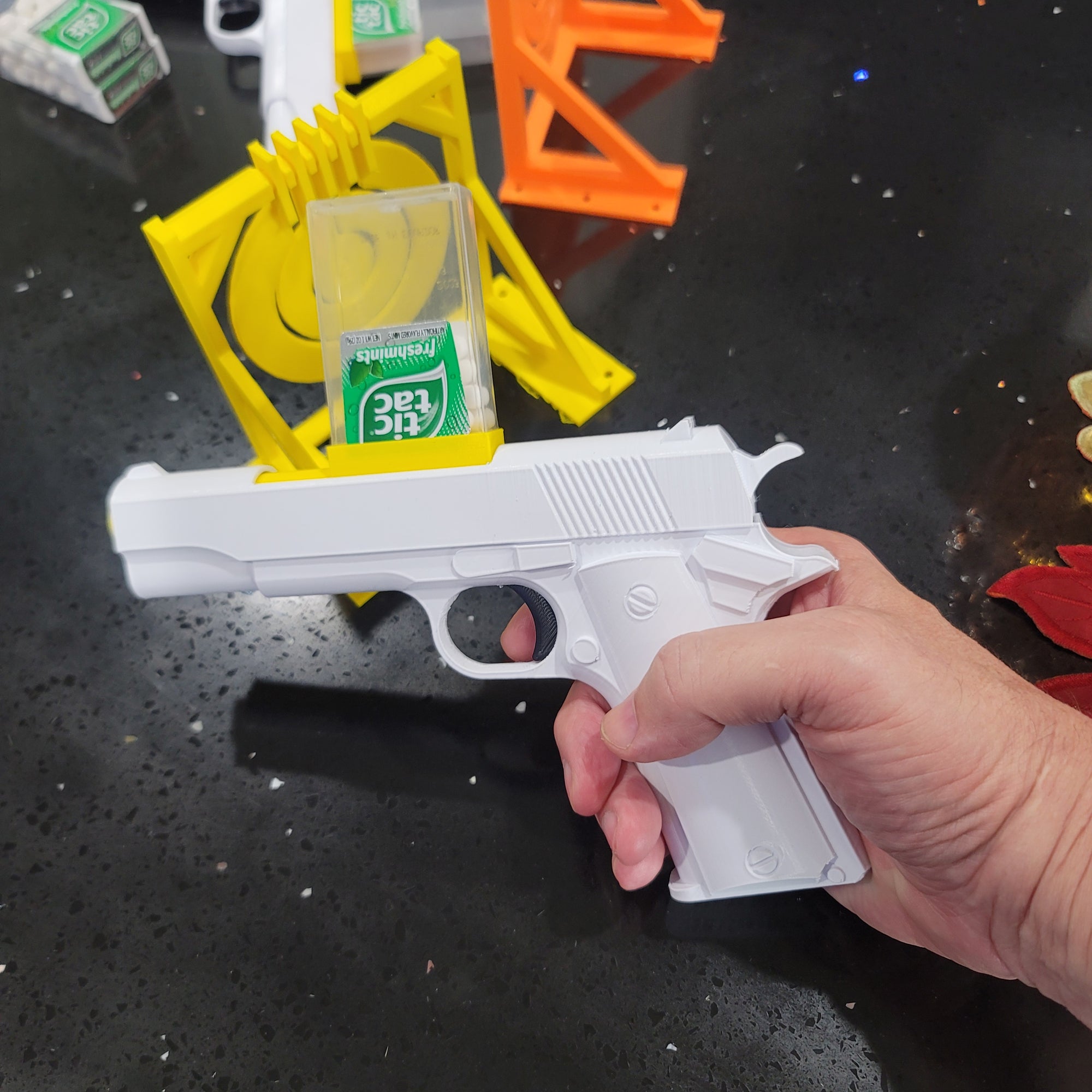 Combo Model 1911 Tic Tac Shooter w/Hanging Target | Fun | Toy | One Box of Ammo Incl | Great Stocking Stuffer