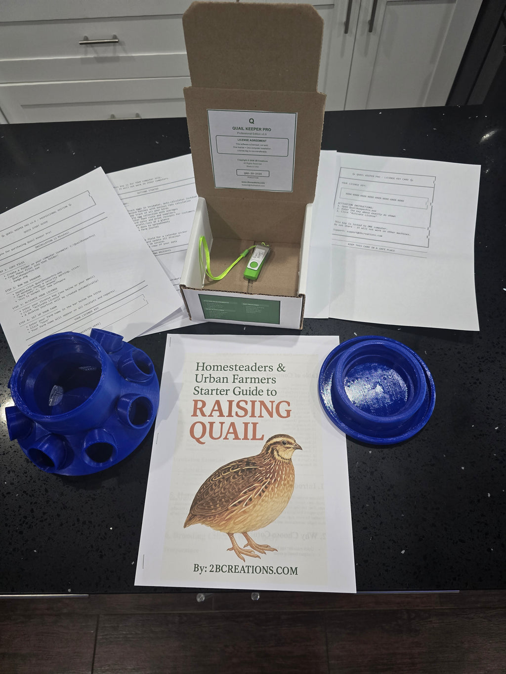 Ultimate Quail Starter Kit: Quail Feeder with Feed Saver Ports |Wide Mouth Jar Compatible | Base only |Quail Water included| Quail Keeper Pro Management Software Included