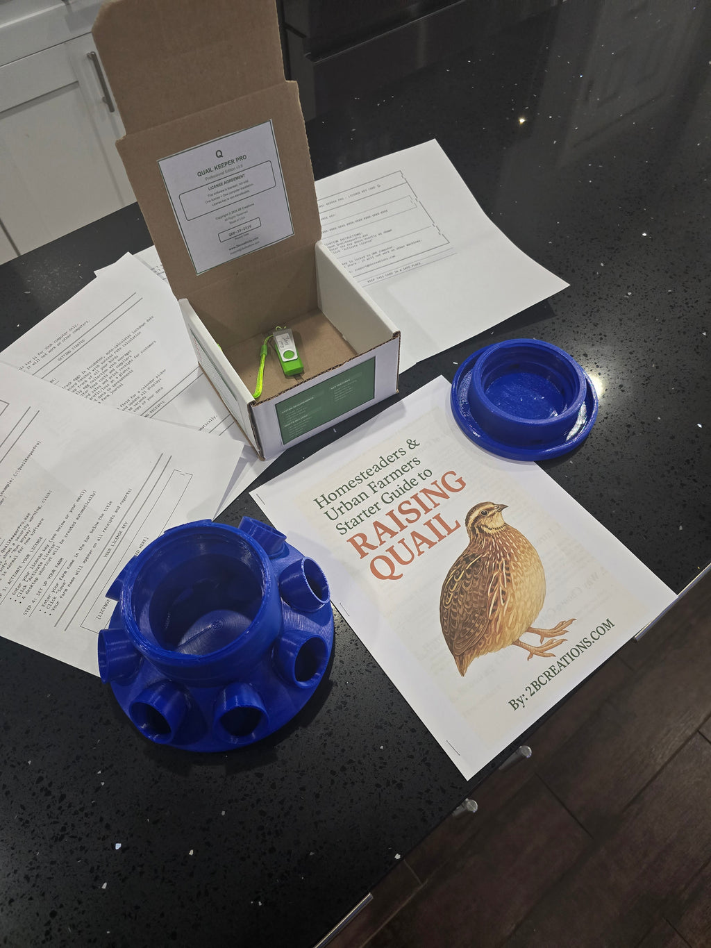 Ultimate Quail Starter Kit: Quail Feeder with Feed Saver Ports |Wide Mouth Jar Compatible | Base only |Quail Water included| Quail Keeper Pro Management Software Included