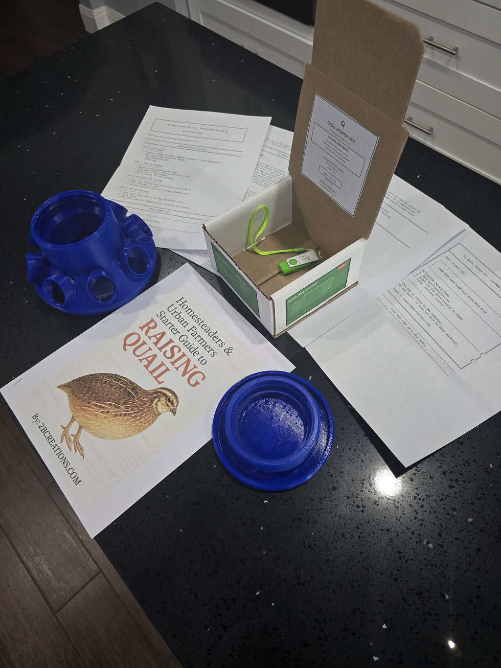 Ultimate Quail Starter Kit: Quail Feeder with Feed Saver Ports |Wide Mouth Jar Compatible | Base only |Quail Water included| Quail Keeper Pro Management Software Included