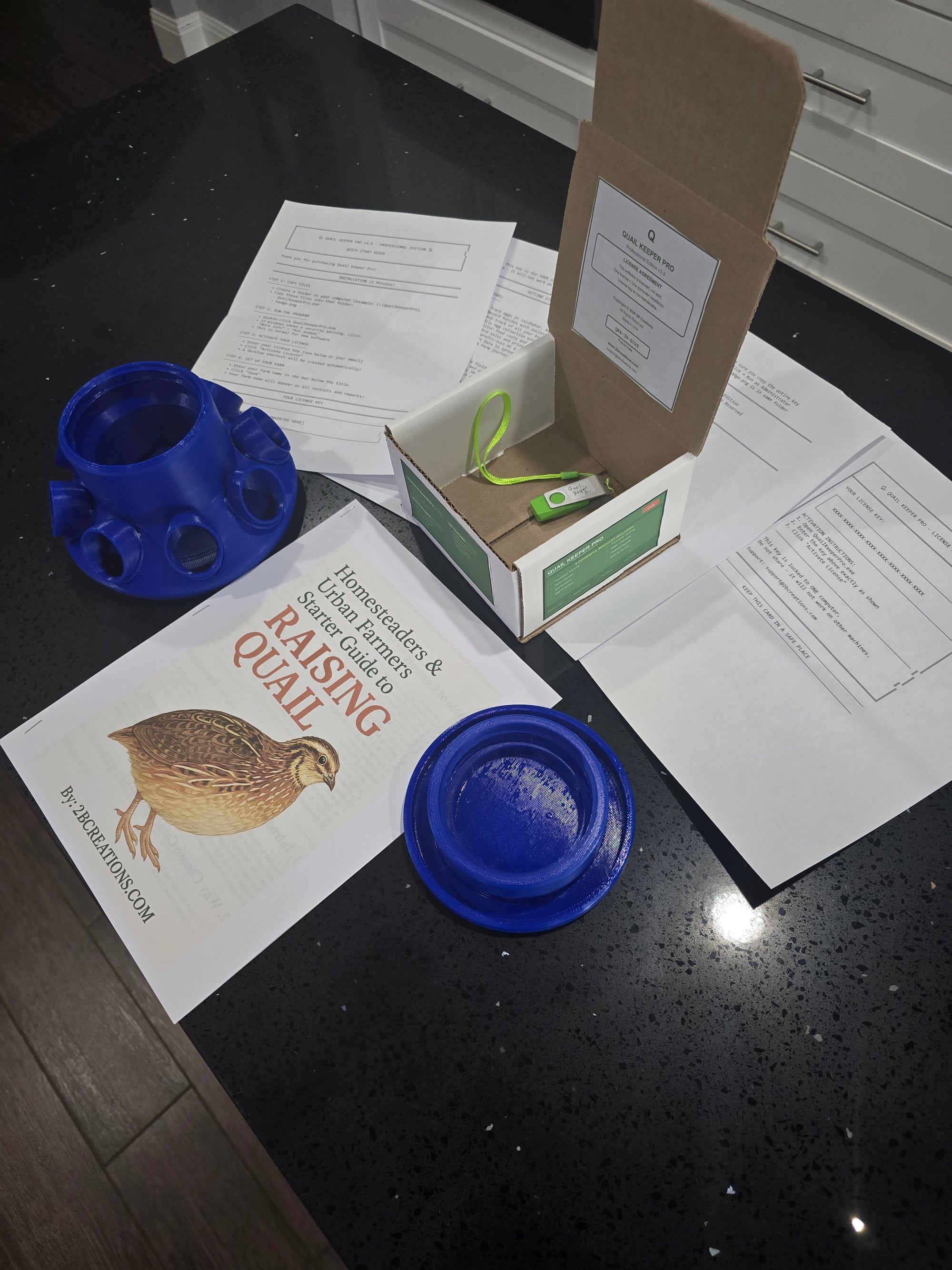 Ultimate Quail Starter Kit: Quail Feeder with Feed Saver Ports |Wide Mouth Jar Compatible | Base only |Quail Water included| Quail Keeper Pro Management Software Included