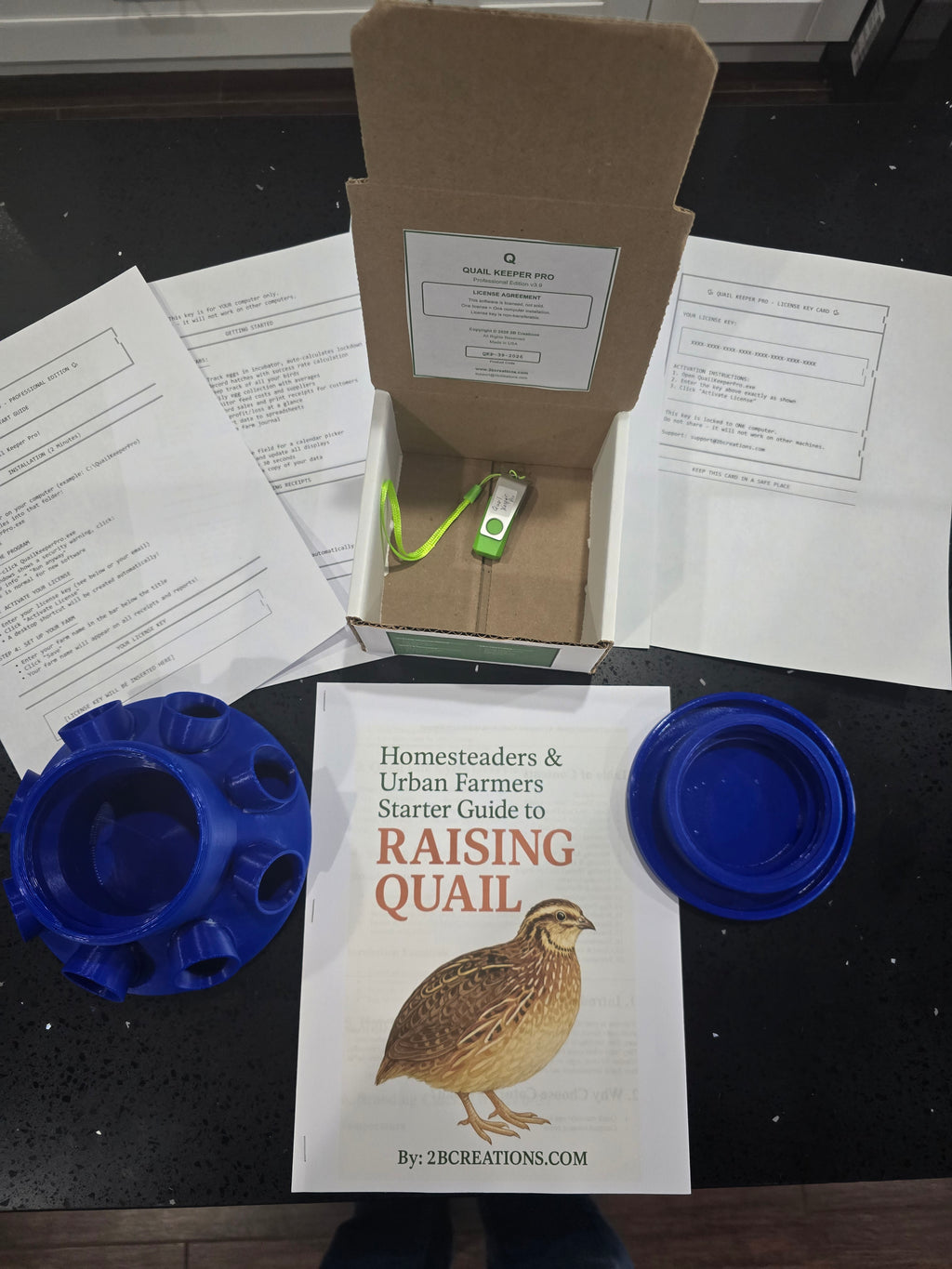 Ultimate Quail Starter Kit: Quail Feeder with Feed Saver Ports |Wide Mouth Jar Compatible | Base only |Quail Water included| Quail Keeper Pro Management Software Included