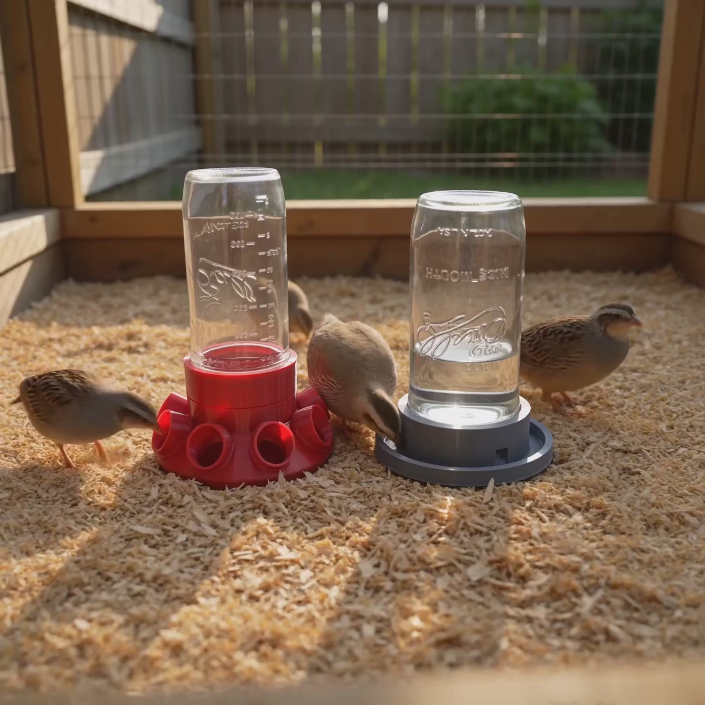 Live Coturnix quail in a coop drinking from the 2B Creations Mason Jar quail waterer